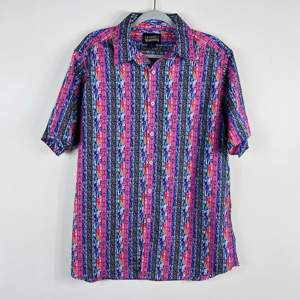 Cremieux Button Shirt XL Pink Mixed Print Short Sleeve Cotton